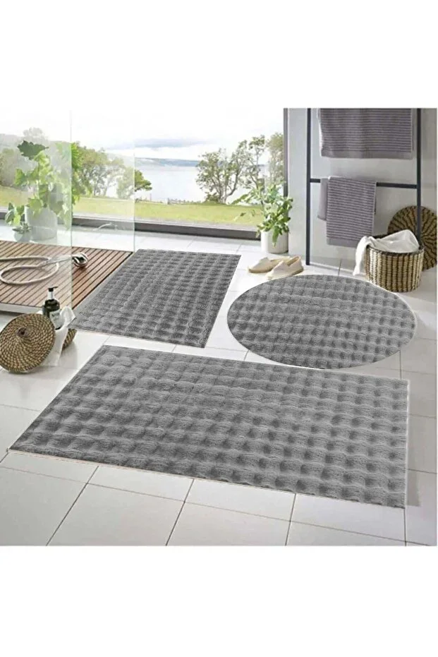 Balat Halı 3-Piece Non-Slip Base Bubble Plush Bath Mat Light Grey 50x50(ROUND)-50x50 and 50x70