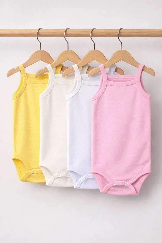 4-Piece Jacquard Knit Strap Baby Bodysuit Snap Fastener 100% Cotton - Ecru Pink White Yellow