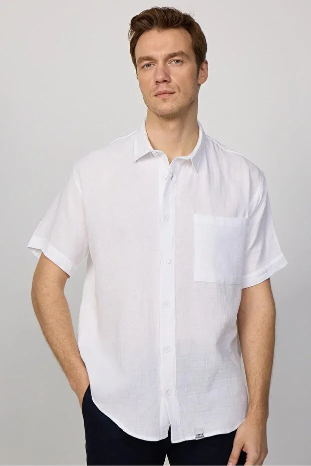 Tudors Relax Fit Short Sleeve Relaxed Fit Muslin Fabric 100% Cotton Single Pocket Summer Plain White Men's Shirt