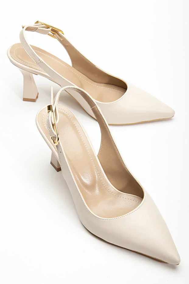 Women's Beige Faux Leather Buckled Slingback Pointed Toe Stiletto Heel Shoes