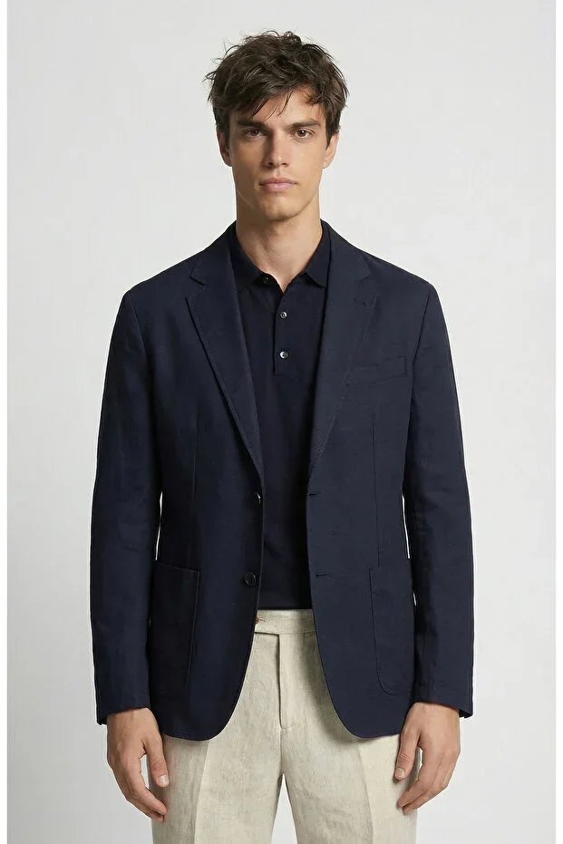 Navy Blue Linen Blend Jacket