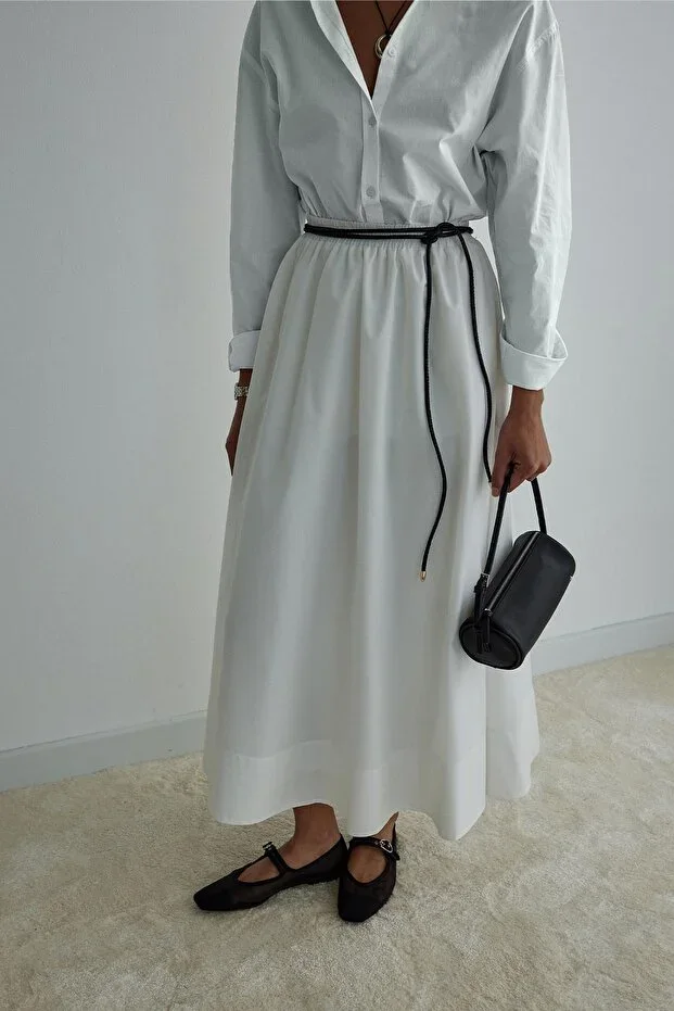 Suud Collection Ecru Day Poplin Flared Skirt