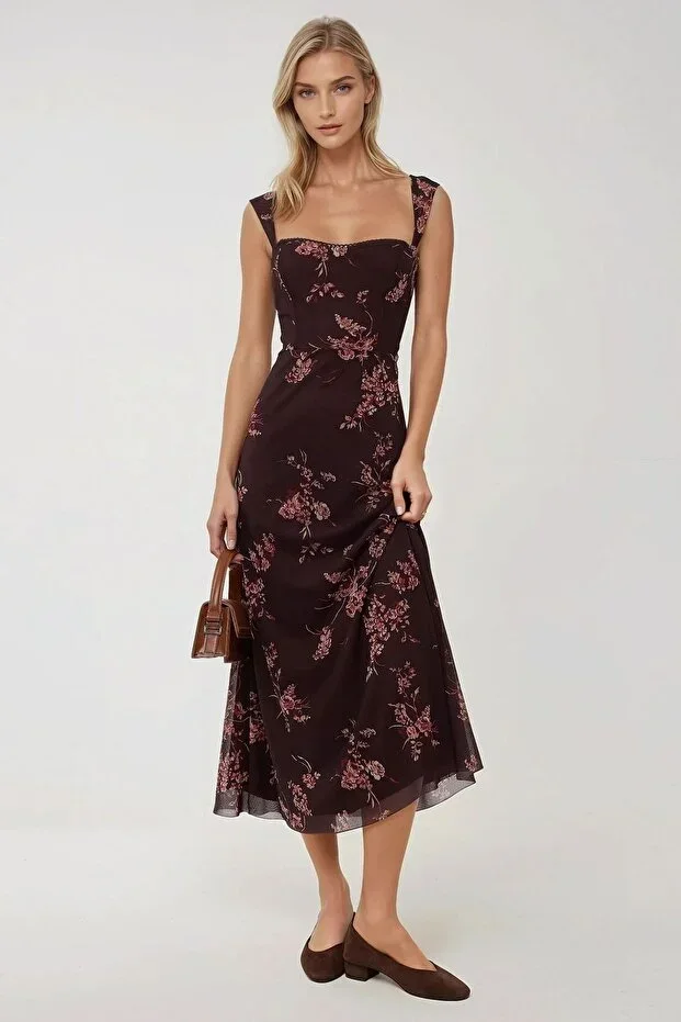 Hiccup Heart Neck Patterned Maxi Dress