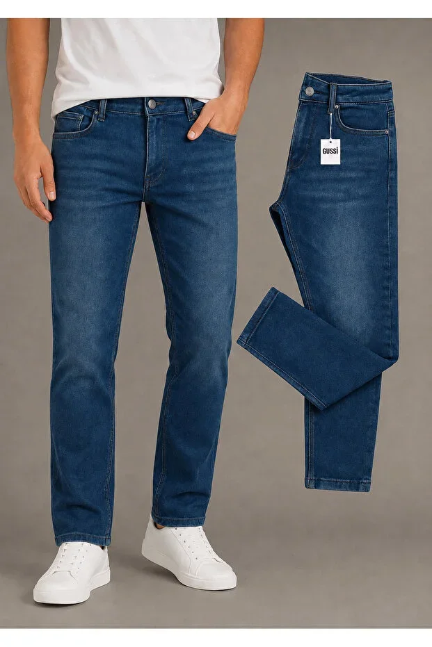 Men's Blue Regular Straight Leg Flexible Lycra Denim Jeans Trousers