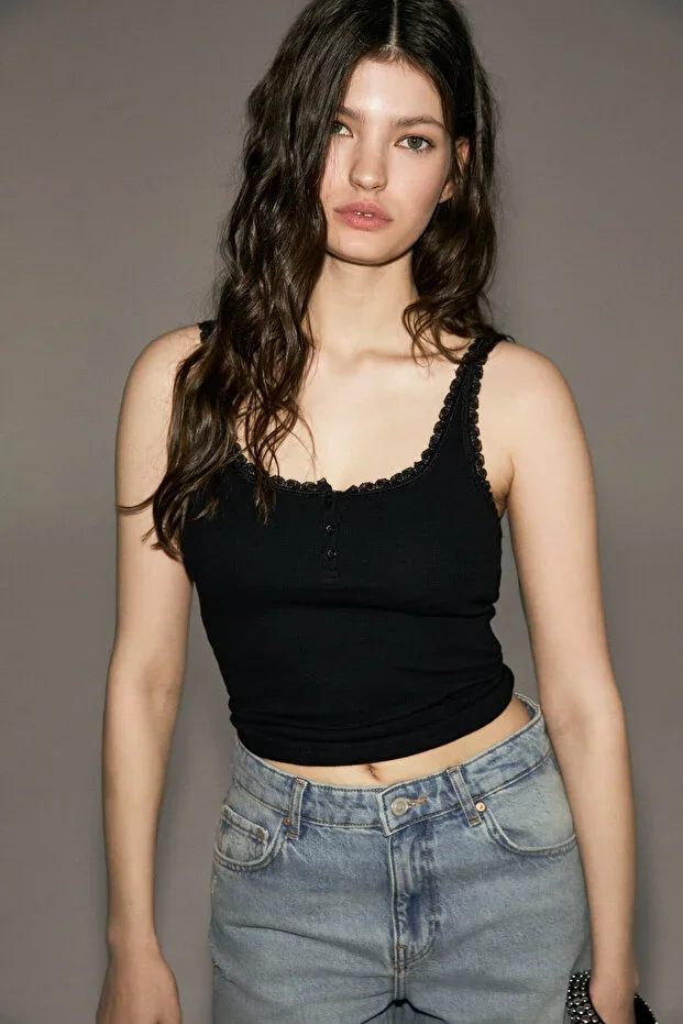 LORELI Women's Black Tank Top with Soft and Flexible Fabric, Organic Cotton, Button and Lace Details