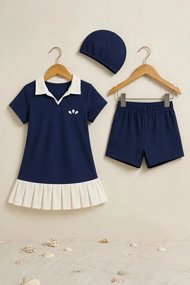 Girls Polo Neck Garni Pleated Skirt Sport - Swimsuit Set