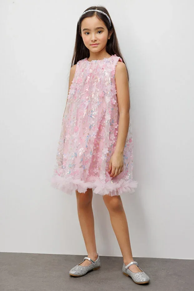 Pink Flower Embossed Girl Dress - Ivory