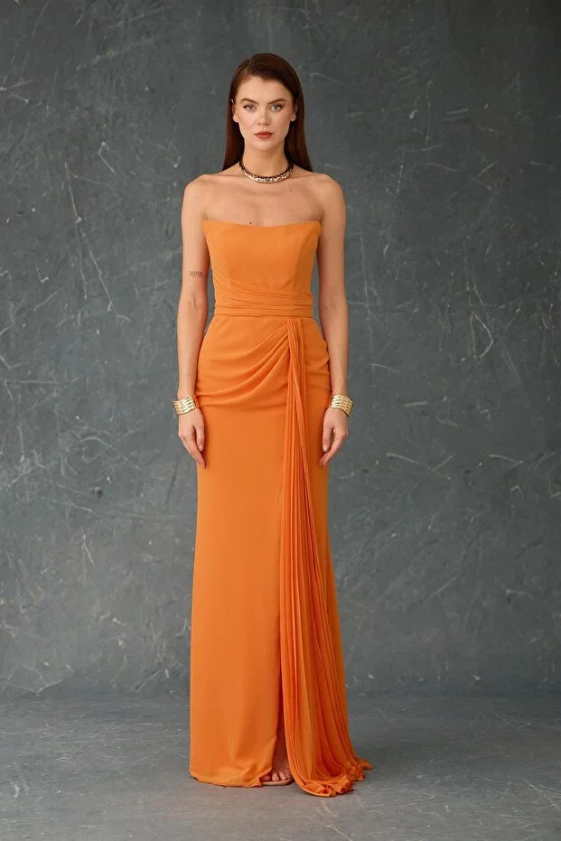 CARMEN Orange Strapless Chiffon Evening Dress With Slit