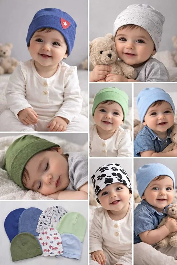 5 Pcs Surprise Mixed Baby Children Cotton Beanie (Package contains mixed colors and sizes from 0-12 months)