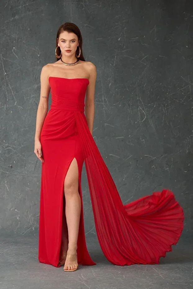 CARMEN Red Strapless Chiffon Evening Dress with Slit