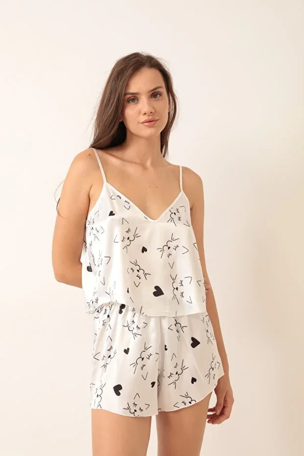Patterned Satin Pajama Set with Shorts