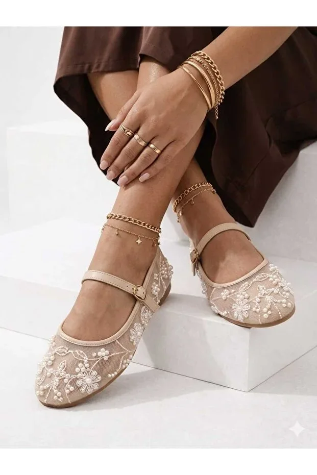 Women's Ballet Flats with Pearl and Embroidery, Tulle Detail, and Ankle Strap – Elegant and Chic Design