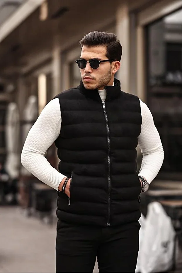 Men's Black Nubuck Suede Puffer Vest