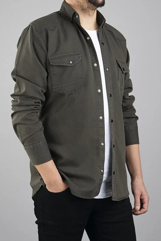 Slim Fit Men's Denim Shirt Khaki