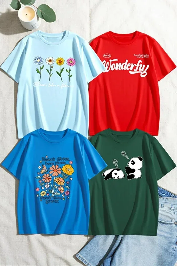 Unisex Mixed Print T-Shirt Set – 4 Pack Crew Neck Casual T-Shirts