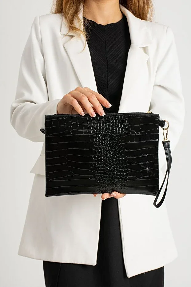 Black Crocodile Pattern Handheld Wallet Clutch Bag 25x19 Cm