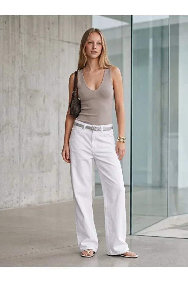 Deep V-Neck Lycra Beige Tank Top
