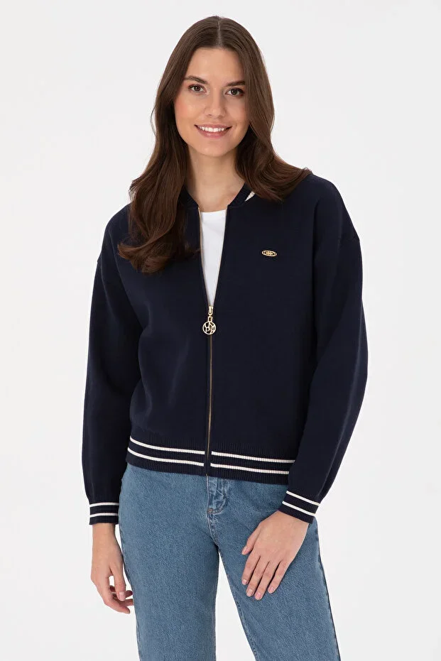 Women's Navy Blue Zip-Up Crew Neck Knit Cardigan 50314650-VR033
