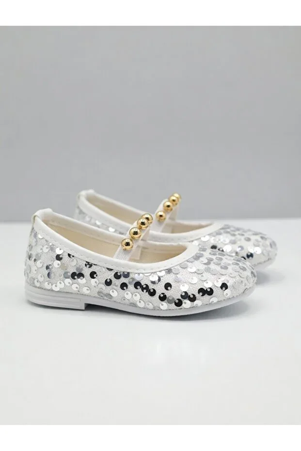 Sparkling Sequined Sequin Girls' Ballerina Shoes | Gold Buckle Princess Style Shiny Mary Jane