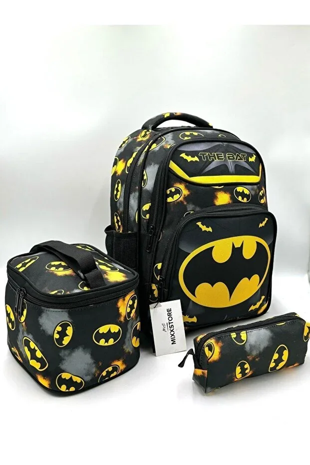 Bat Patterned Men's Children's Orthopedic Black Color Feeding and Pencil Case Backpack Primary School Bag