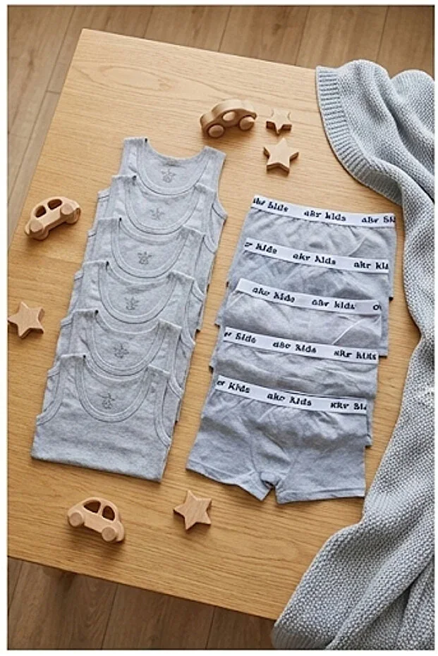 12-Piece Set Boys' Underwear Set (6 Undershirts + 6 Boxers) Grey Color Cotton