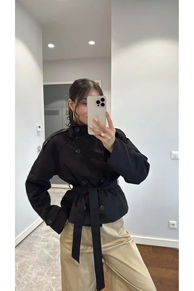 SHORT TRENCH COAT WITH BELT AND STAND-UP COLLAR