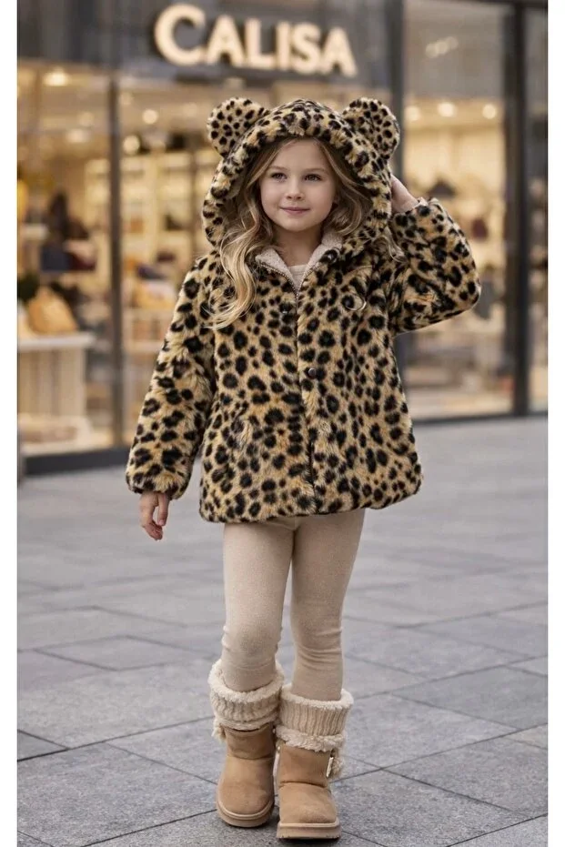 Girls Leopard Print Plush Fur Coat Jacket