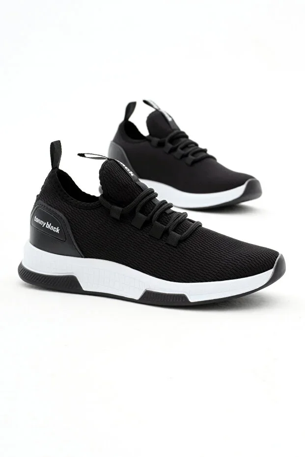 Unisex Black White Breathable Fabric Poly Sole Lace-Up Sports Shoes