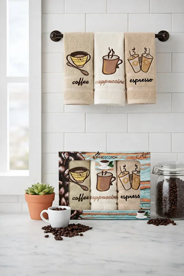 Embroidered 3-Piece Kitchen Towel Set – 100% Cotton – Boxed - 30x50