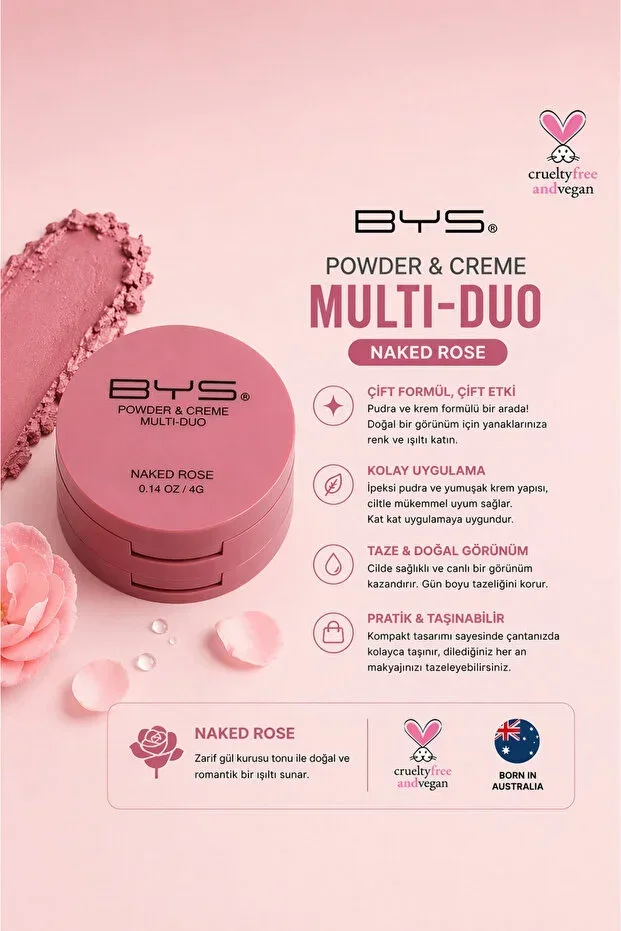 BYS Powder & Crème Multi Duo Naked Rose (Rose) – Powder & Cream Formula, Silky, Long-Lasting Blush