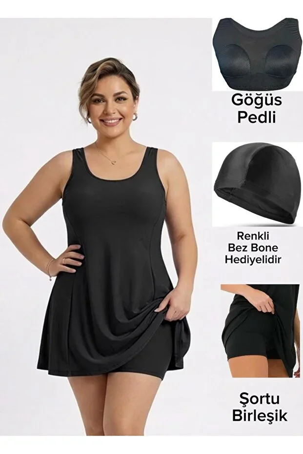 Women's One-Piece Swimsuit Dress with Shorts Black (WITH BREAST PADS)