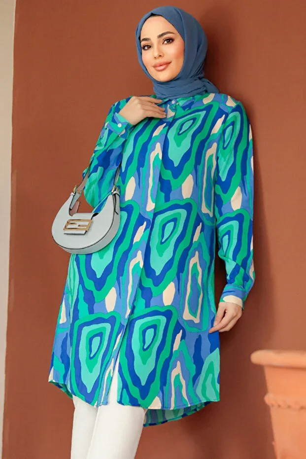 Neva Style Patterned Indigo Blue Modest Tunic 11679IM