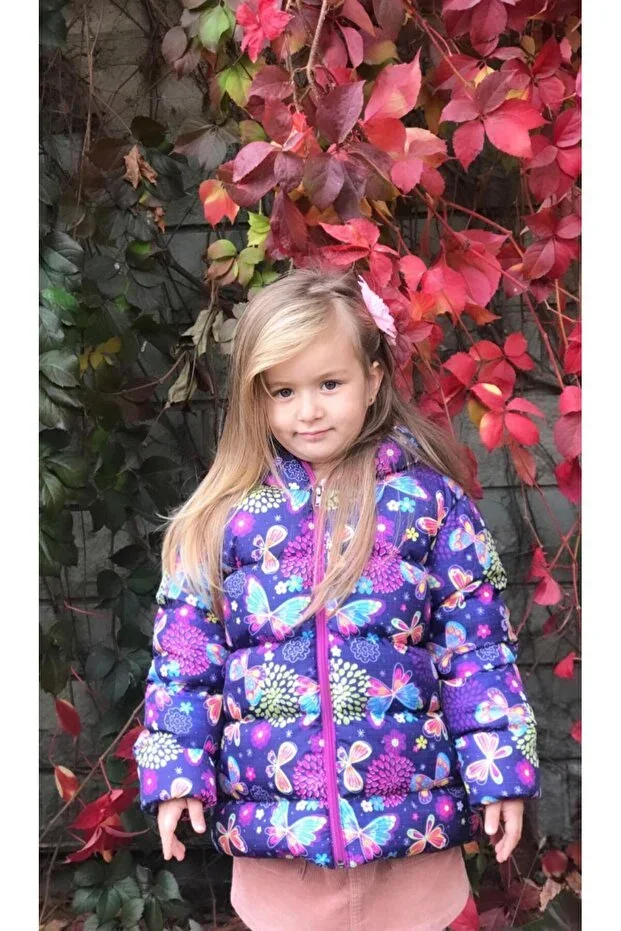 Mina Girls Butterfly Pattern Printed Padded Inner Fleece Hooded Winter Padded Children's Jacket & Coat