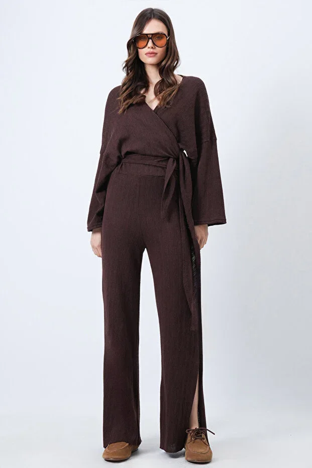 Women's Brown Crossover Tie-Waist Blouse Slit Pants Knit Set ALC-X12498