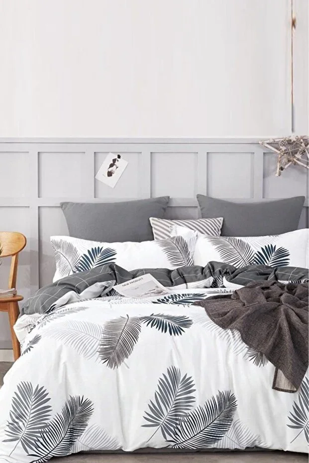 Always Fitted Sheet Double Duvet Cover Set Leaf Grey