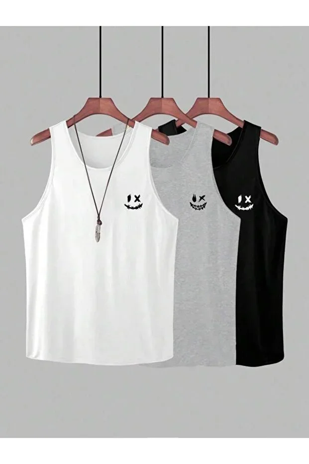 Boys Sleeveless White-Gray-Black o-x Smiley Print Jersey T-shirt