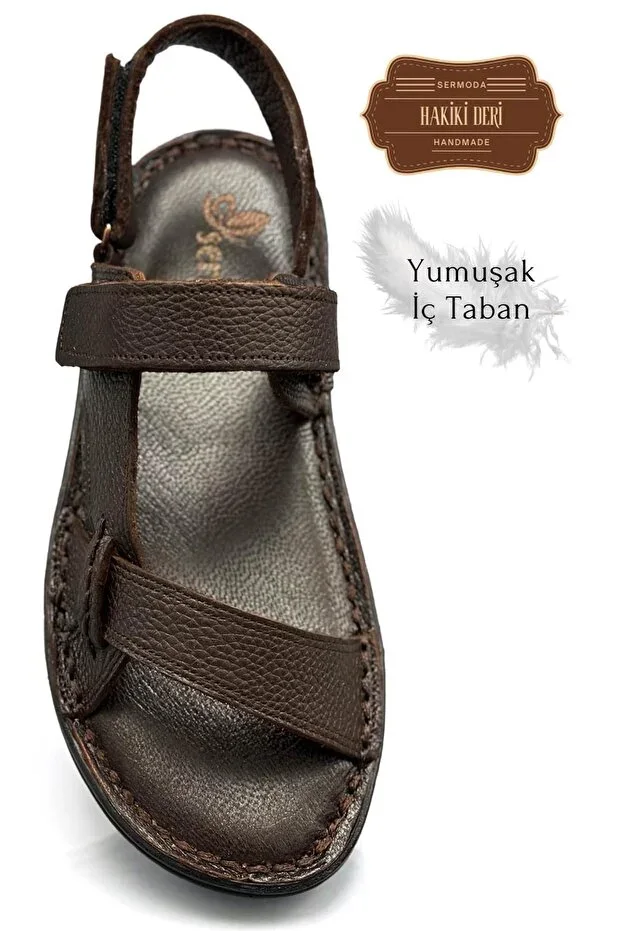 Genuine Real Leather Velcro Men's Sandal K Şır Coffee