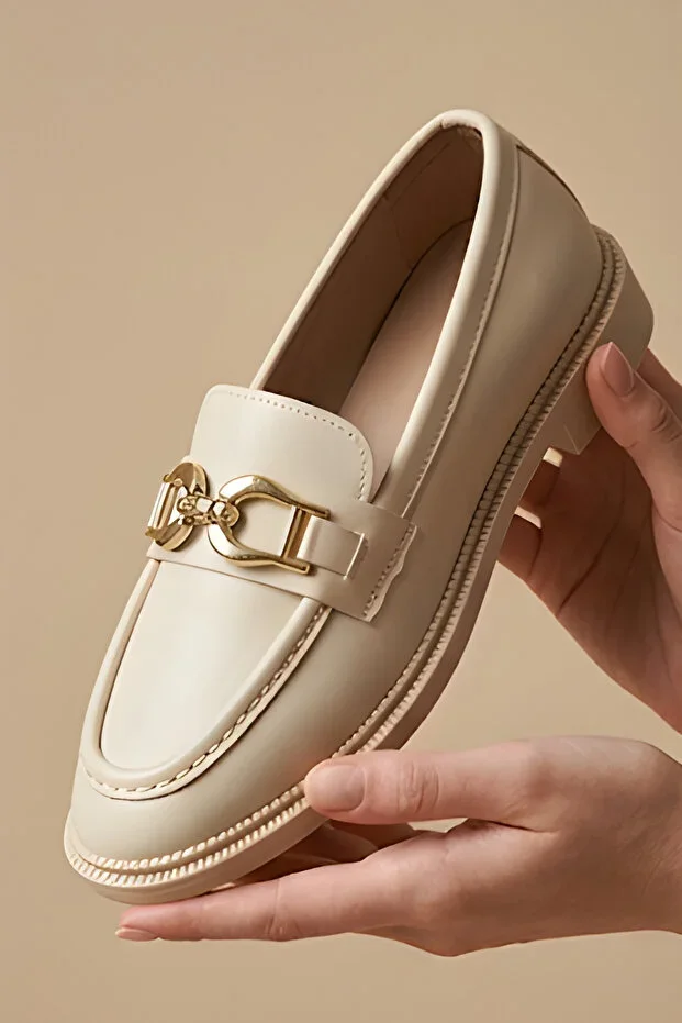 Women's Cream Lightweight Low Heel Gold Color Round Buckle Light Chic Daily Shoes Comfortable Loafer