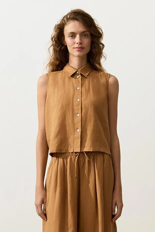 Oysho 100% Linen Crop Sleeveless Shirt