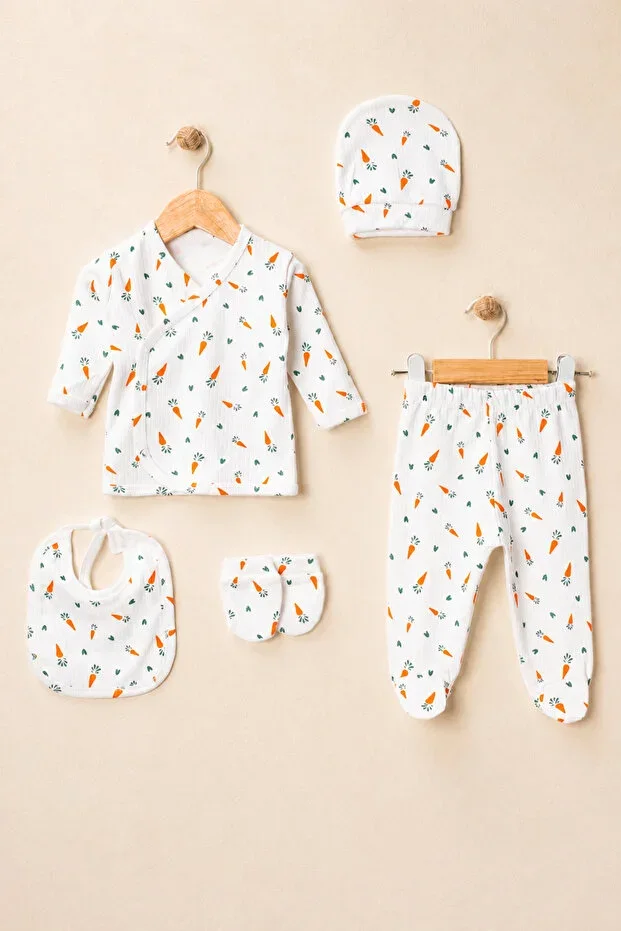 Newborn 5-Piece Hospital Exit Set %100 Cotton Ribbed Baby Bodysuit Set - Carrot Patterned