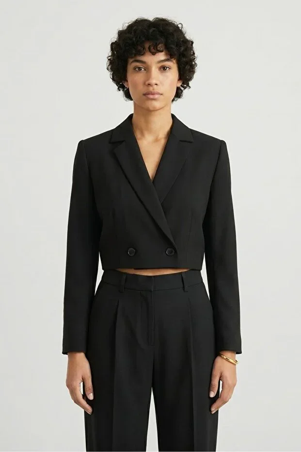 Women's Regular Fit Double-Breasted Crop Blazer Jacket - Chic & Sporty