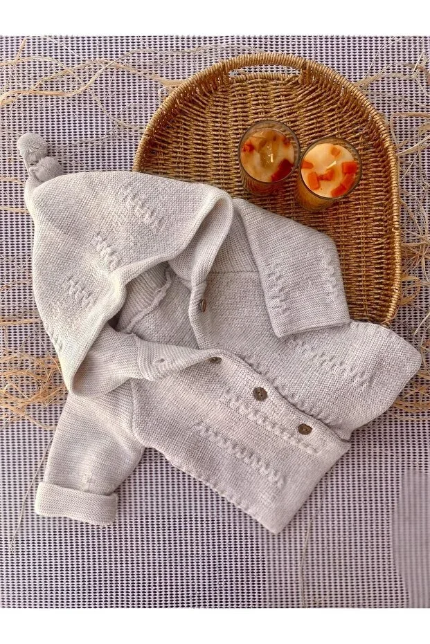 Newborn Hooded Double Layer Knit Girl - Boy Baby Cardigan