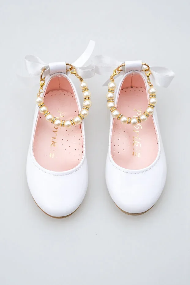 Shiny White Beaded Ankle Girl Child Ballet Flats