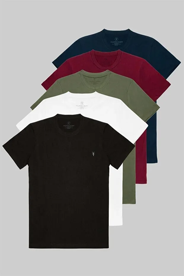 Standard Fit Relaxed Crew Neck Embroidery Detailed 5-Pack T-Shirt