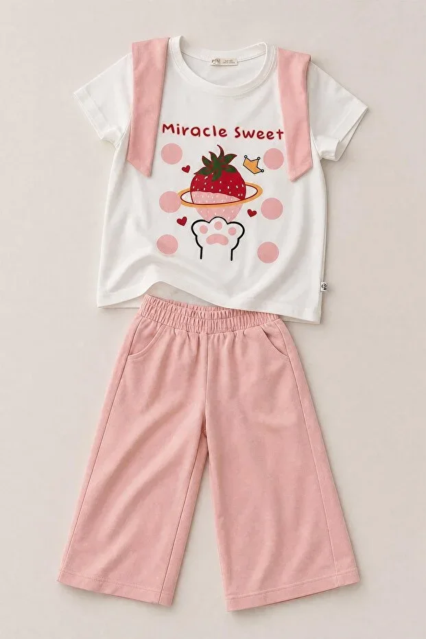 Girls Strawberry Print Wide Leg Set