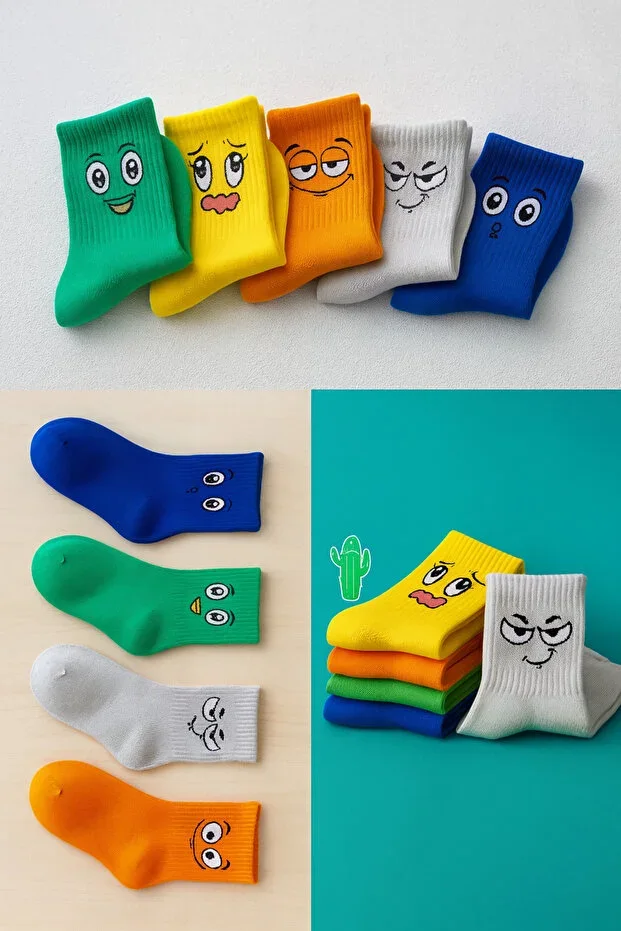 5 Pairs Face Expression Patterned Kids Socks