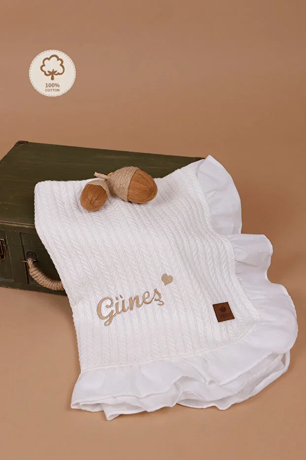 Personalized Embroidered Name Ruffled Ecru Baby Pique & Blanket Oeko-Tex Certified 100% Cotton