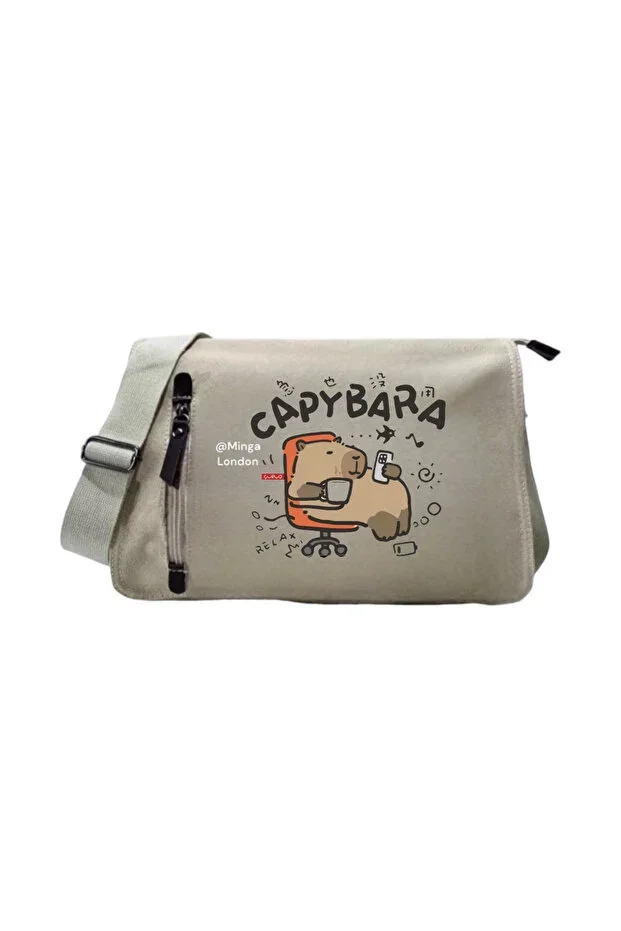 Bej Brown Capybara Print School, Course, Dershane Messenger Bag - Minga London