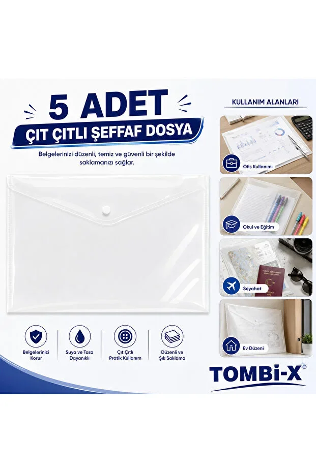 5 Pcs A4 Snap Fastener Transparent Document File Storage Bag