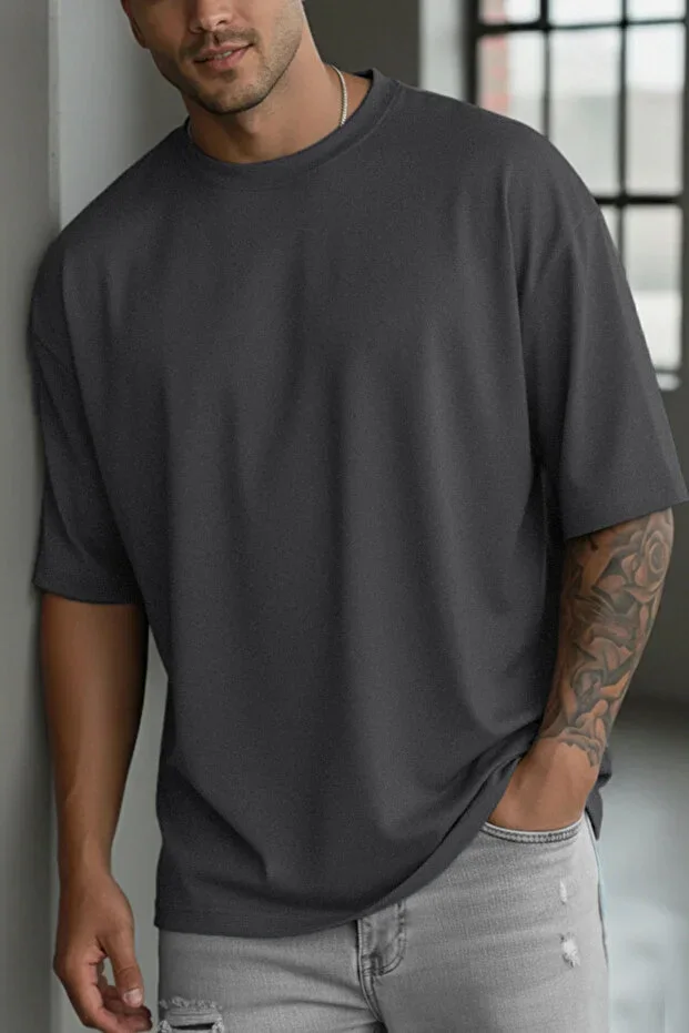1 Piece Men's Grey Round Neck Plain Basic Unprinted Oversize Loose Fit T-shirt